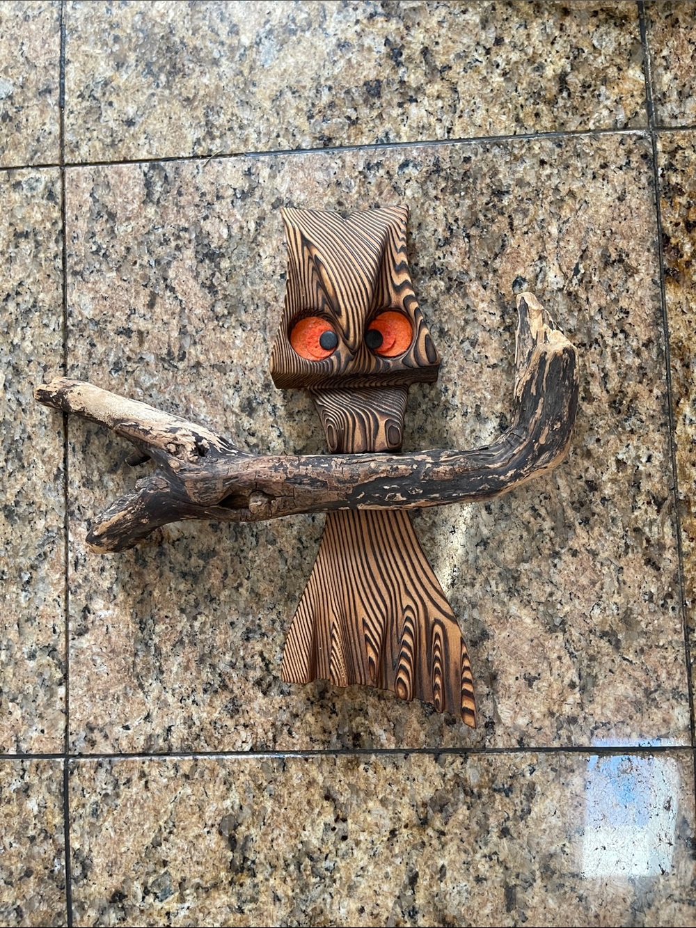 Handcrafted Wood Owl Wall Accent in Natural Brown with Orange Eyes
